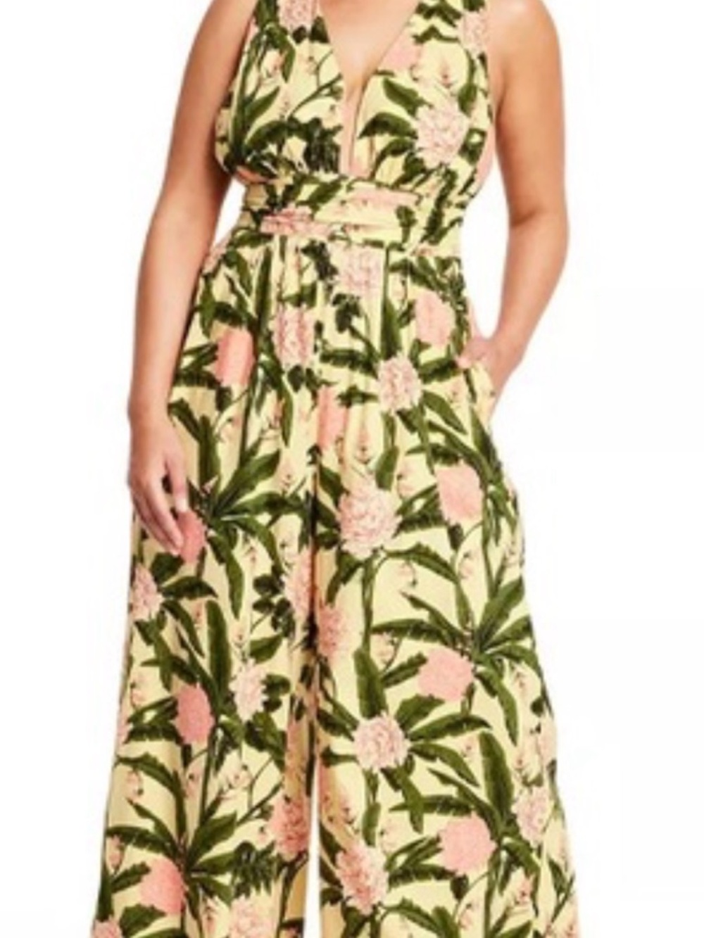 Aguabendita Yellow Floral Smocked-Waist Jumpsuit with Green Leaf Print